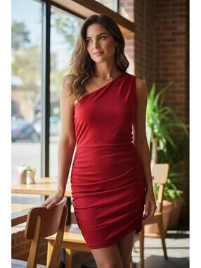 Halston Heritage Poppy Red Cap Sleeve Dress with Draped waist